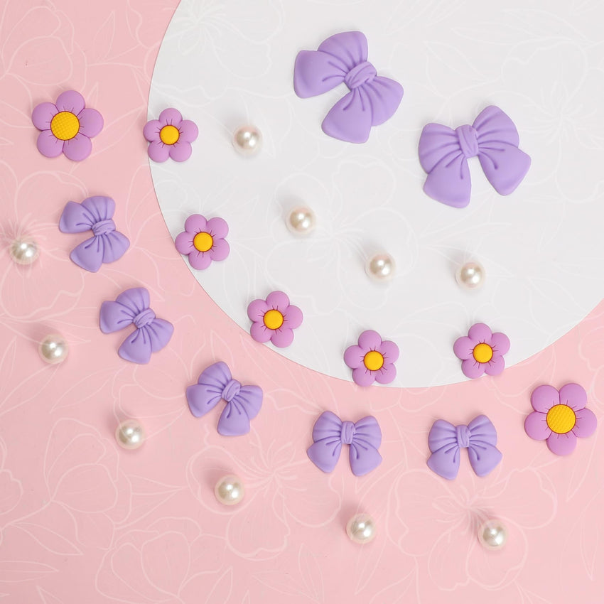 Resin Pink Bow Shoe Charms for Girls, 24Pcs Cute Flower Accessories for Clog Sandals, Pearl Decoration for Women, DIY Party Favor - 7DAY'S