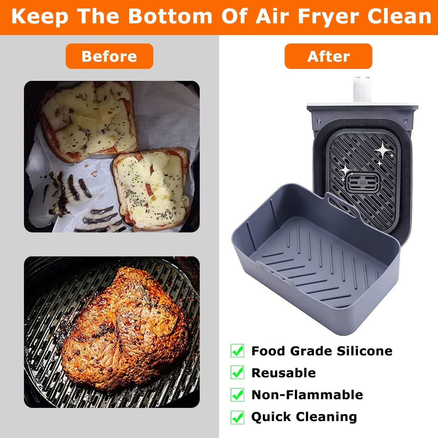 Reusable Air Fryer Silicone Pot Rectangle Replacement of Parchment Liners 2 Basket Pans with 1 Pair of Mittens for 6 - 8 Quart Oven Air Fryer - 7DAY'S