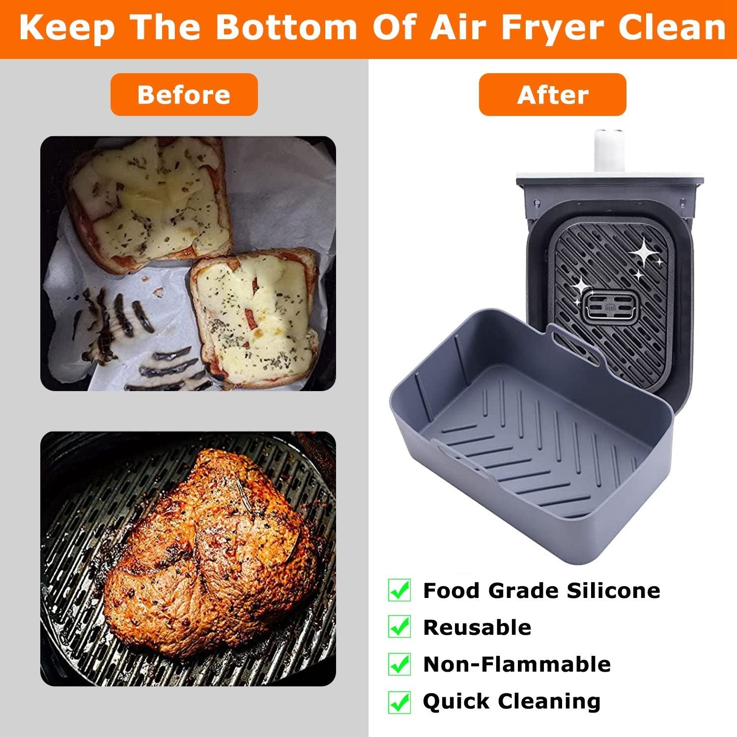 Reusable Air Fryer Silicone Pot Rectangle Replacement of Parchment Liners 2 Basket Pans with 1 Pair of Mittens for 6 - 8 Quart Oven Air Fryer - 7DAY'S