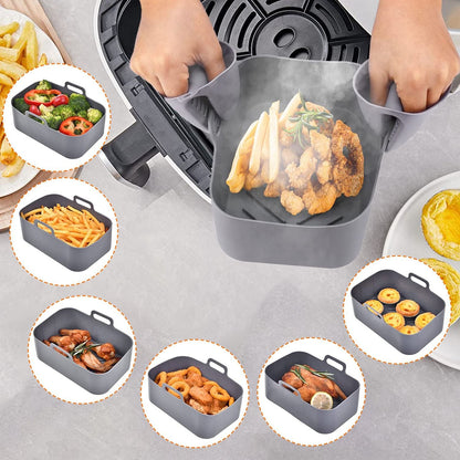 Reusable Air Fryer Silicone Pot Rectangle Replacement of Parchment Liners 2 Basket Pans with 1 Pair of Mittens for 6 - 8 Quart Oven Air Fryer - 7DAY'S