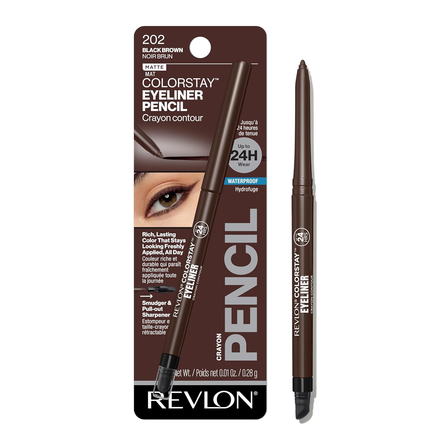 Revlon ColorStay Pencil Waterproof Eyeliner, Smudge - Proof, Eye Makeup with Built - In Sharpener, 202 Black Brown, 0.01 oz - 7DAY'S