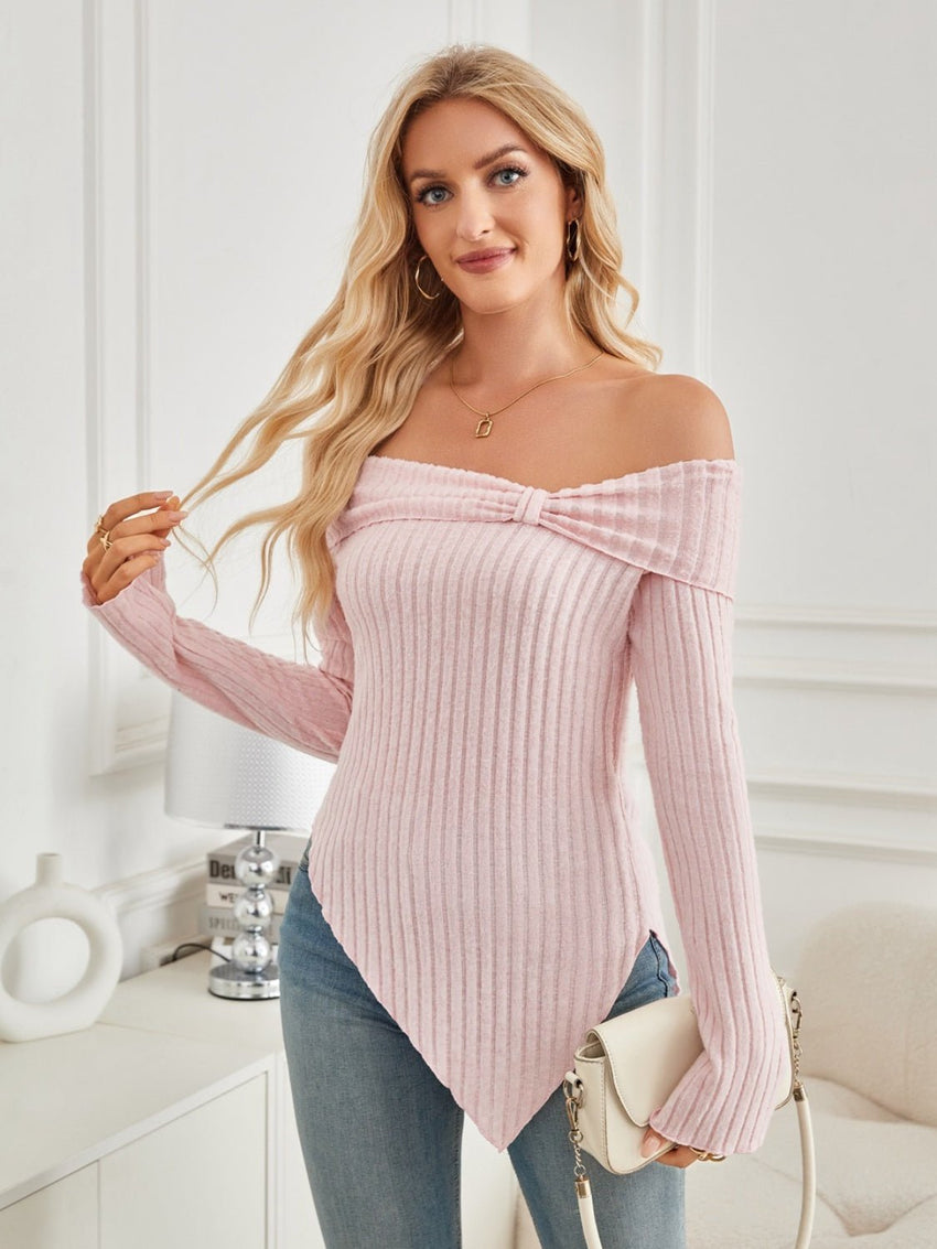 Ribbed Asymmetrical Hem Off - Shoulder Long Sleeve T-Shirt For women size Small to 2XL - 7DAY'S