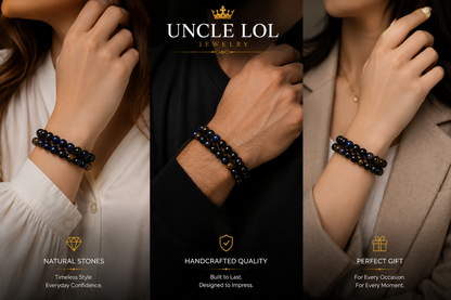 Triple-Layer Natural Stone Beaded Bracelet – Tiger Eye, Blue Tiger Eye & Black Onyx | Adjustable Unisex Bracelet