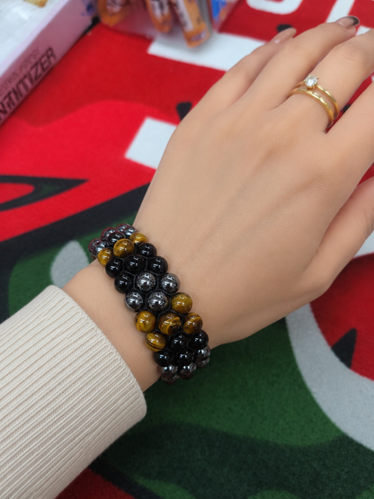 Triple-Layer Tiger Eye & Hematite Beaded Bracelet – Adjustable Natural Stone Bracelet for Men & Women