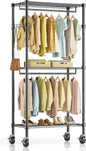 Rolling Clothes Rack, Heavy Duty Clothing Rack, 3 - Shelf Portable Adjustable Wardrobe Closet with Wheels, Hanging Rods & Side Hooks, 29.5" W x 15.7" D x 75.6" H, Black - 7DAY'S
