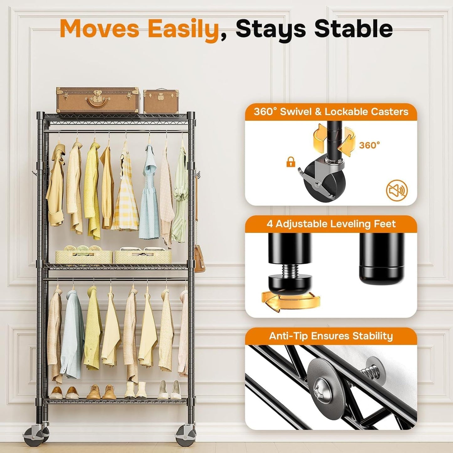Rolling Clothes Rack, Heavy Duty Clothing Rack, 3 - Shelf Portable Adjustable Wardrobe Closet with Wheels, Hanging Rods & Side Hooks, 29.5" W x 15.7" D x 75.6" H, Black - 7DAY'S