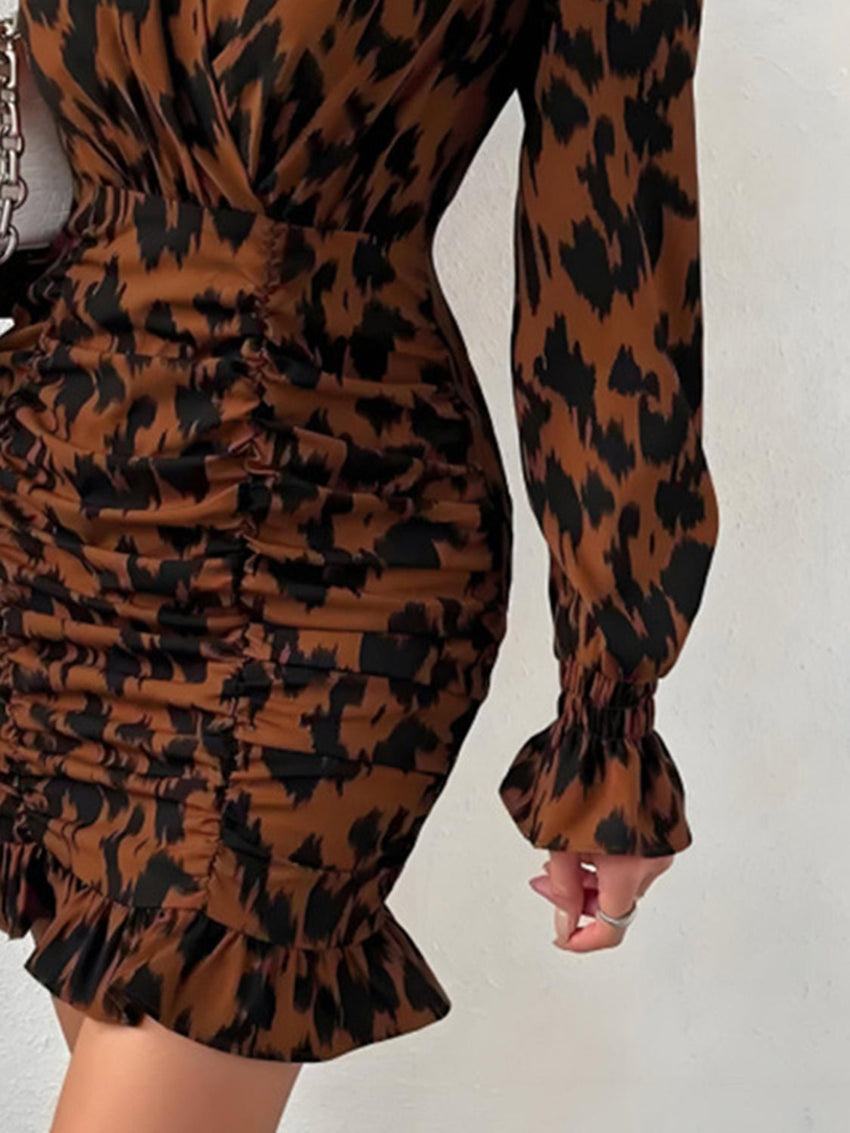 Ruched Ruffled Leopard Surplice Long Sleeve Dress - 7DAY'S
