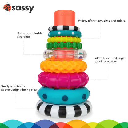 Sassy Stacks of Circles Stacking Ring STEM Learning Toy, Age 6+ Months, Multi, 9 Piece Set - 7DAY'S