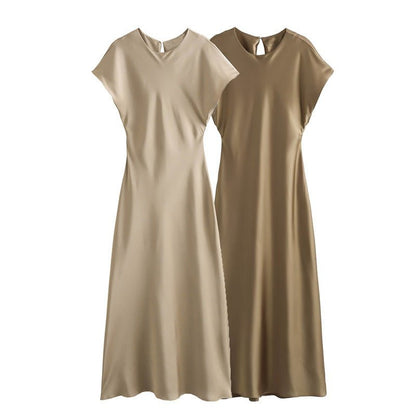 Satin Party Evening Women Midi Dress Elegant Keyhole Back A - Line Robe Sleeveless Female Long Dresses - 7DAY'S