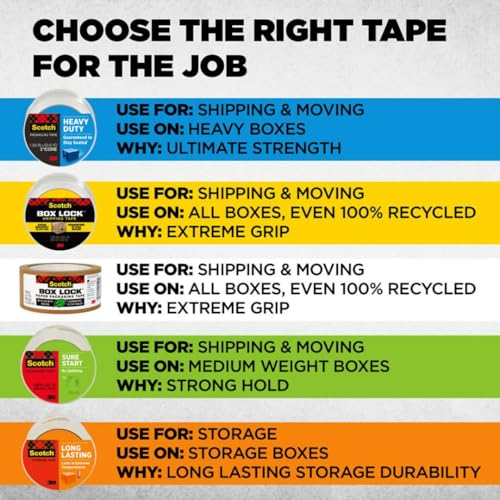 Scotch Heavy Duty Shipping and Moving Packing Tape, Clear, Packing and Moving Supplies, 1.88 in. x 22.2 yd., 6 Tape Rolls with Dispensers - 7DAY'S