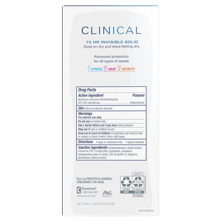 Secret Clinical Strength Antiperspirant Deodorant for Women, 3X Stress Protection, 72hr Sweat & Odor Protection, PH Balancing Minerals, Invisible Solid, Completely Clean Scent, 2.6 oz - 7DAY'S