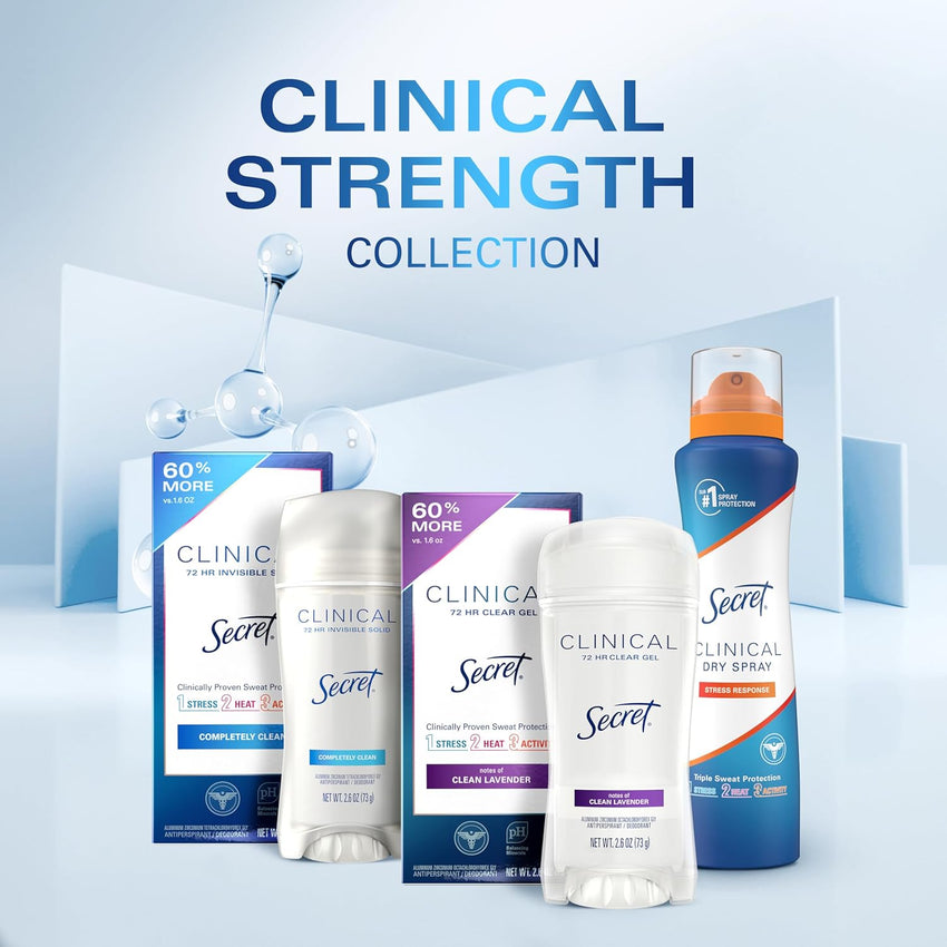 Secret Clinical Strength Antiperspirant Deodorant for Women, 3X Stress Protection, 72hr Sweat & Odor Protection, PH Balancing Minerals, Invisible Solid, Completely Clean Scent, 2.6 oz - 7DAY'S