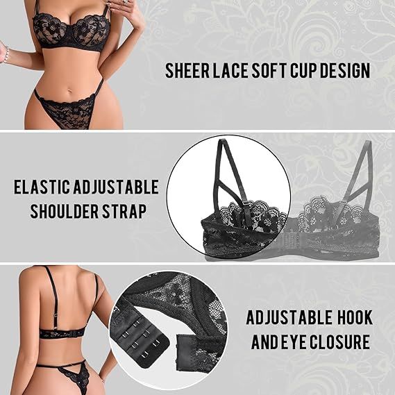 Sexy Floral Lace Lingerie for Women Sheer Bra and Panty Set with Underwire Soft Lace Push Up Lingerie Set - 7DAY'S