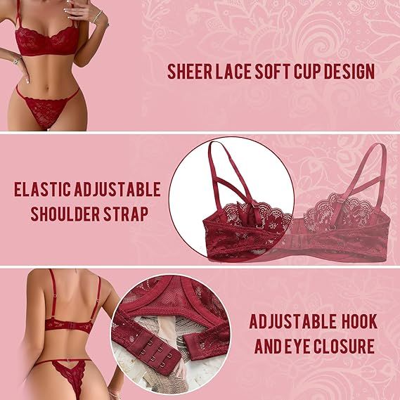 Sexy Floral Lace Lingerie for Women Sheer Bra and Panty Set with Underwire Soft Lace Push Up Lingerie Set - 7DAY'S