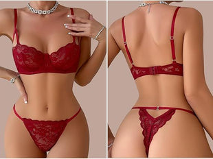 Sexy Floral Lace Lingerie for Women Sheer Bra and Panty Set with Underwire Soft Lace Push Up Lingerie Set - 7DAY'S