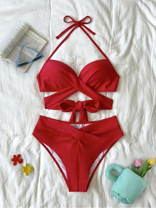 Sexy Push Up Bikini 2023 Solid High Waist Swimsuit Women Criss Cross Bandage Bikini Set Female Beachwear Bathing Suit biquini - 7DAY'S