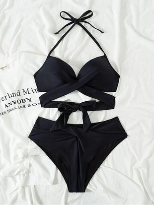 Sexy Push Up Bikini 2023 Solid High Waist Swimsuit Women Criss Cross Bandage Bikini Set Female Beachwear Bathing Suit biquini - 7DAY'S