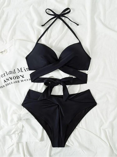 Sexy Push Up Bikini 2023 Solid High Waist Swimsuit Women Criss Cross Bandage Bikini Set Female Beachwear Bathing Suit biquini - 7DAY'S