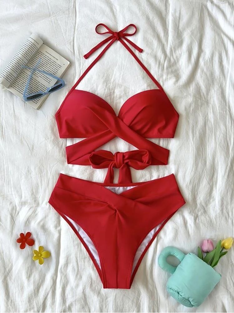 Sexy Push Up Bikini 2023 Solid High Waist Swimsuit Women Criss Cross Bandage Bikini Set Female Beachwear Bathing Suit biquini - 7DAY'S