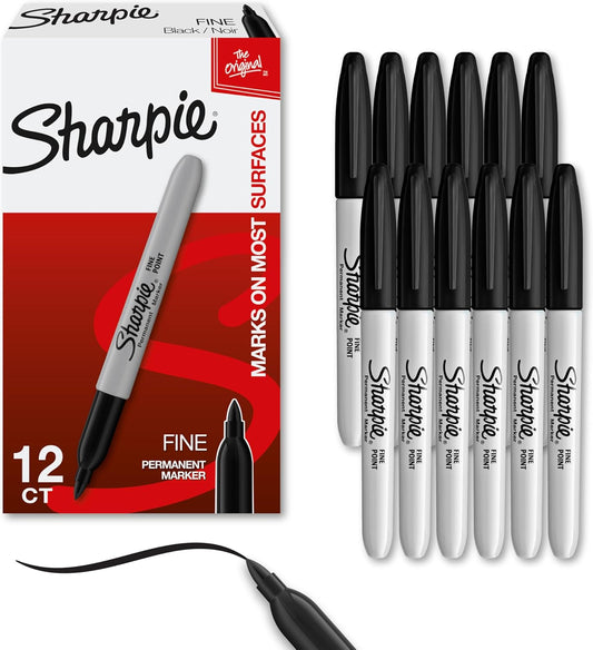 Sharpie Permanent Markers, Fine Tip, Black, 12 Count - For Classroom, Office, & Home, Quick Drying, Fade Resistant, For Wood, Plastic, Paper, Metal, And More, Ideal for Posters, Drawing, Coloring - 7DAY'S