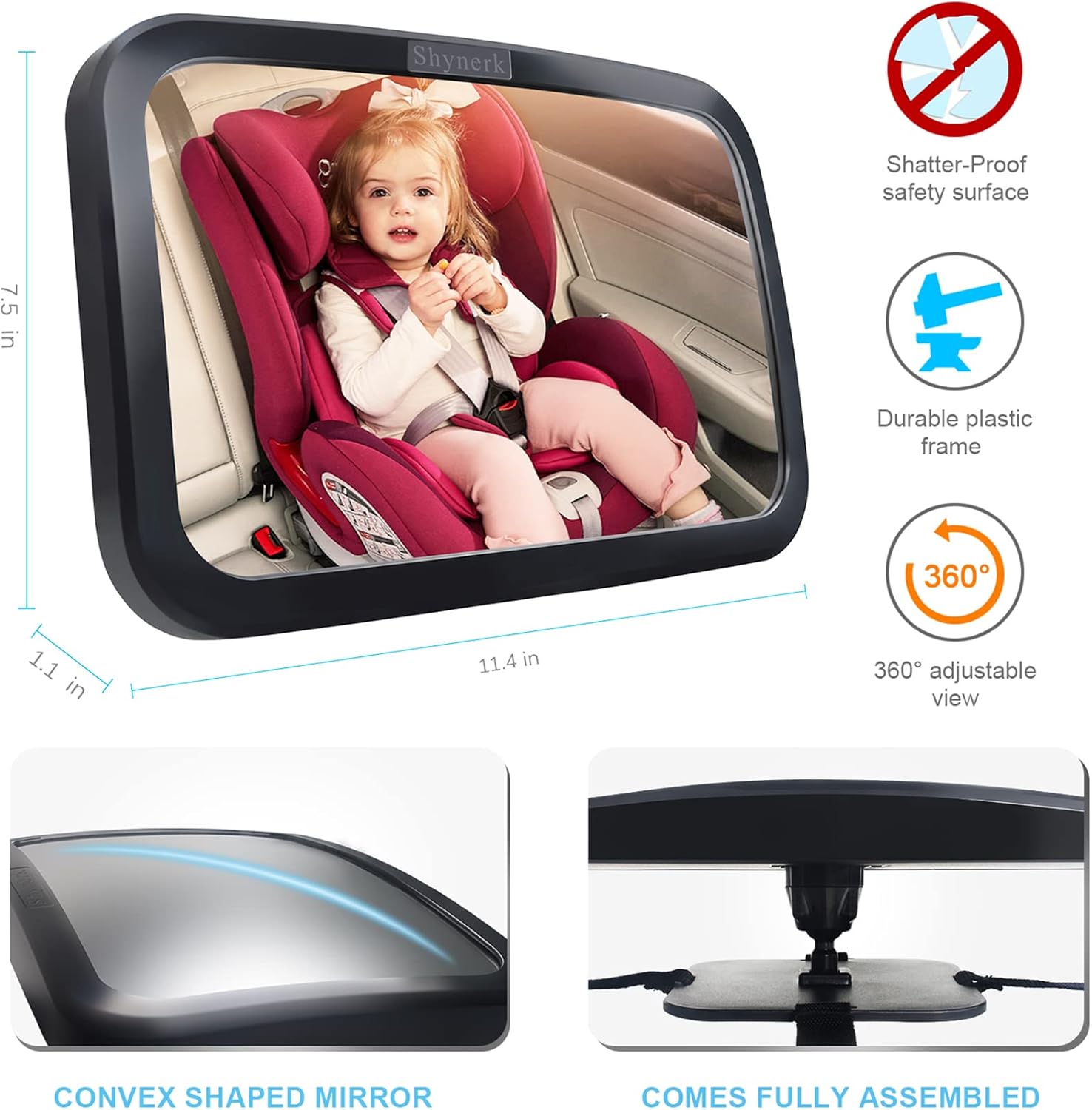 Shynerk Baby Car Mirror, Safety Car Seat Mirror for Rear Facing Infant with Wide Crystal Clear View, Shatterproof, 360° Rotation, Crash Tested and Certified - 7DAY'S