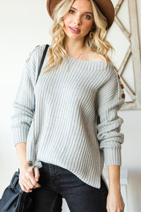 Side Slit Boat Neck Long Sleeve Sweater - 7DAY'S