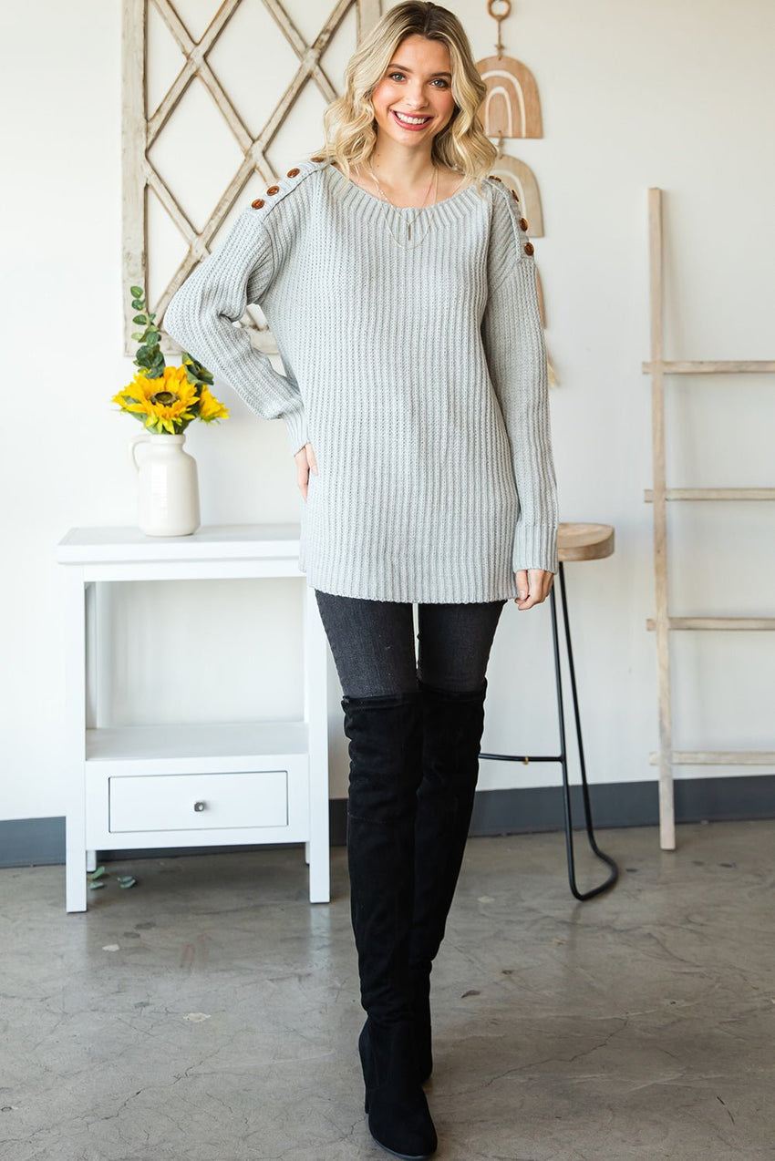 Side Slit Boat Neck Long Sleeve Sweater - 7DAY'S