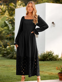 Simplee Women's Boho Flowy Long Sleeve Maxi Dress Square Neck Empire Waist Smocked Swing Wedding Guest Dress - 7DAY'S