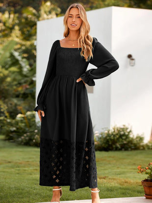 Simplee Women's Boho Flowy Long Sleeve Maxi Dress Square Neck Empire Waist Smocked Swing Wedding Guest Dress - 7DAY'S