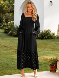 Simplee Women's Boho Flowy Long Sleeve Maxi Dress Square Neck Empire Waist Smocked Swing Wedding Guest Dress - 7DAY'S