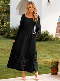 Simplee Women's Boho Flowy Long Sleeve Maxi Dress Square Neck Empire Waist Smocked Swing Wedding Guest Dress - 7DAY'S