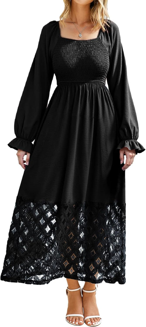 Simplee Women's Boho Flowy Long Sleeve Maxi Dress Square Neck Empire Waist Smocked Swing Wedding Guest Dress