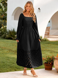Simplee Women's Boho Flowy Long Sleeve Maxi Dress Square Neck Empire Waist Smocked Swing Wedding Guest Dress - 7DAY'S