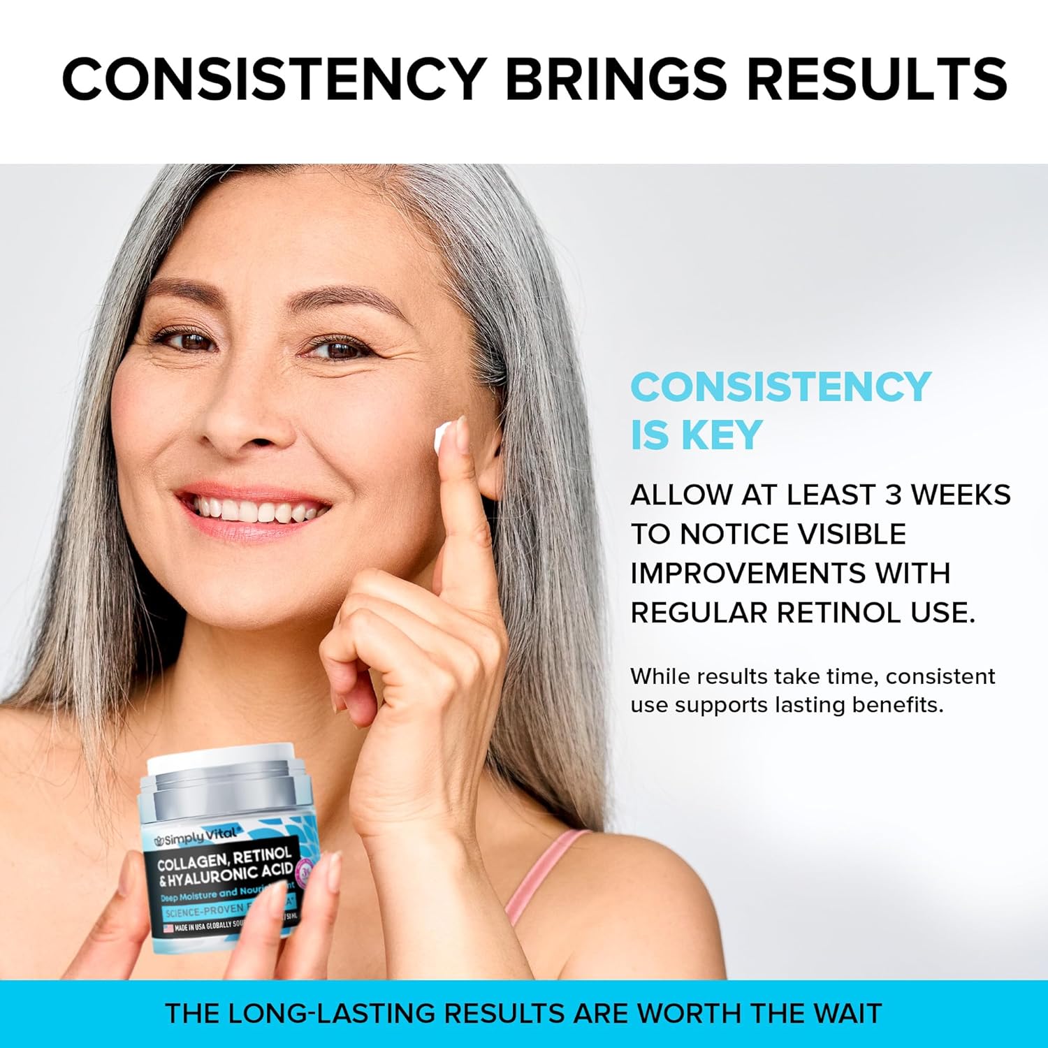 SimplyVital Collagen, Retinol & Hyaluronic Acid Cream - Anti - Aging Face Moisturizer for Face, Firming Skin Care Neck & Décolleté - Made in USA, Daily Moisturizer Face Cream Day & Night - 1.7 fl.oz. - 7DAY'S