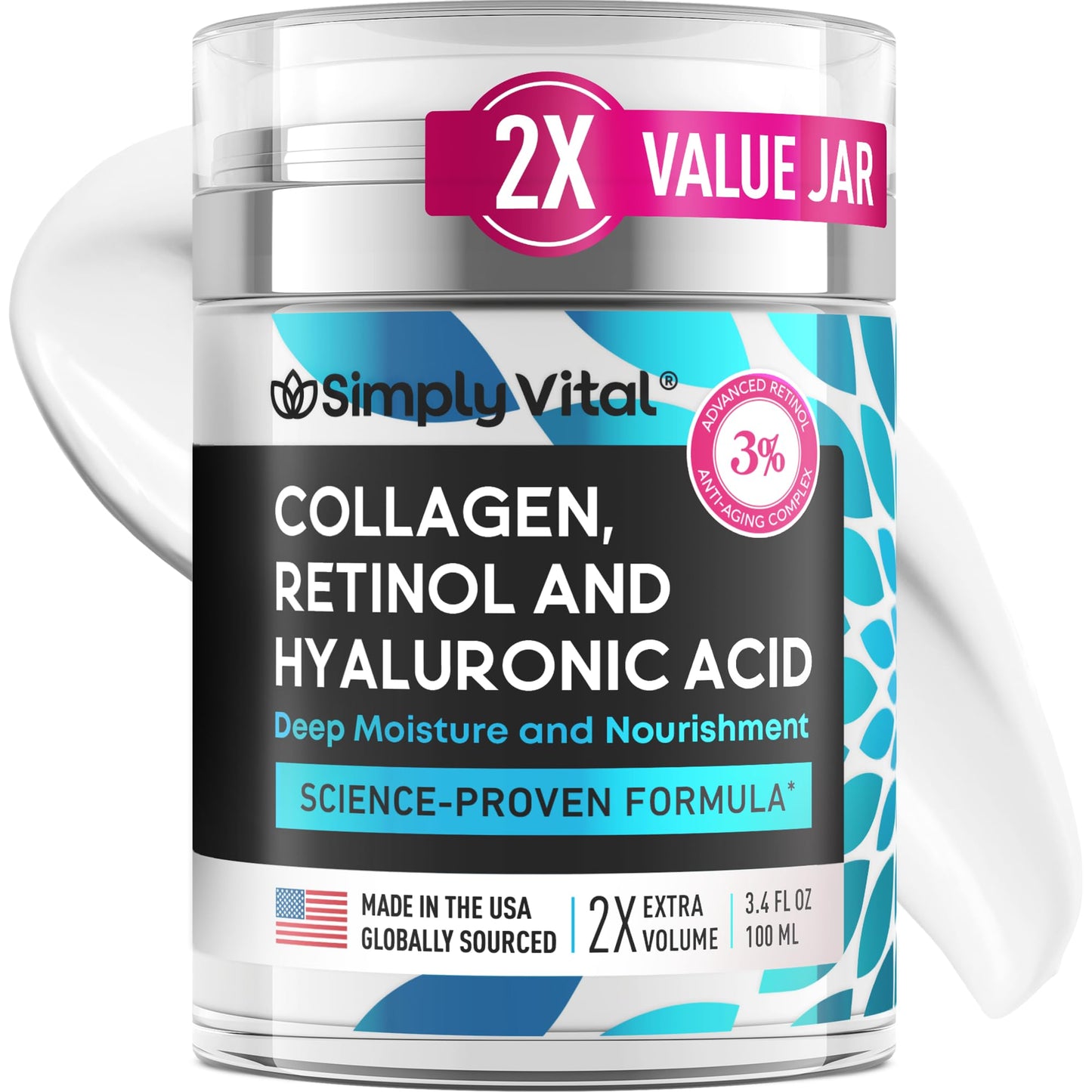 SimplyVital Collagen, Retinol & Hyaluronic Acid Cream - Anti - Aging Face Moisturizer for Face, Firming Skin Care Neck & Décolleté - Made in USA, Daily Moisturizer Face Cream Day & Night - 1.7 fl.oz. - 7DAY'S
