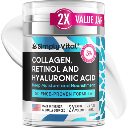 SimplyVital Collagen, Retinol & Hyaluronic Acid Cream - Anti - Aging Face Moisturizer for Face, Firming Skin Care Neck & Décolleté - Made in USA, Daily Moisturizer Face Cream Day & Night - 1.7 fl.oz. - 7DAY'S