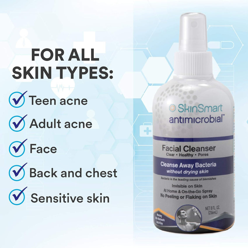 SkinSmart Facial Cleanser for Acne, Targets Bacteria for Active Teenage Athletes Post Workout and Adult Acne, 8 oz Spray Bottle, Safe for Multiple Daily Uses - 7DAY'S