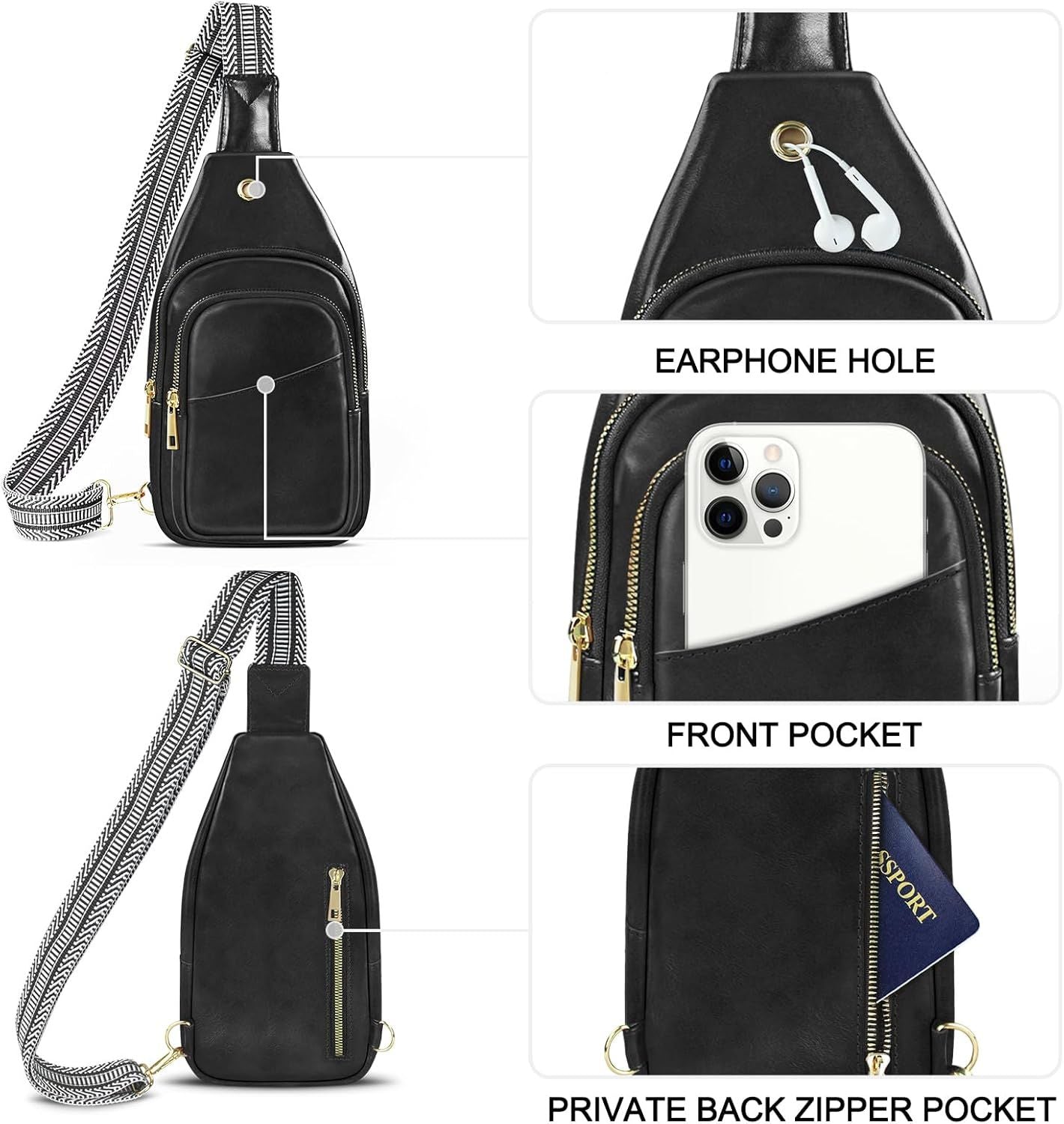 Sling Bag For Women, Leather Fanny Pack With Detachable Strap, Crossbody Chest Bag With Anti Theft For Travel(Black And Brown) - 7DAY'S