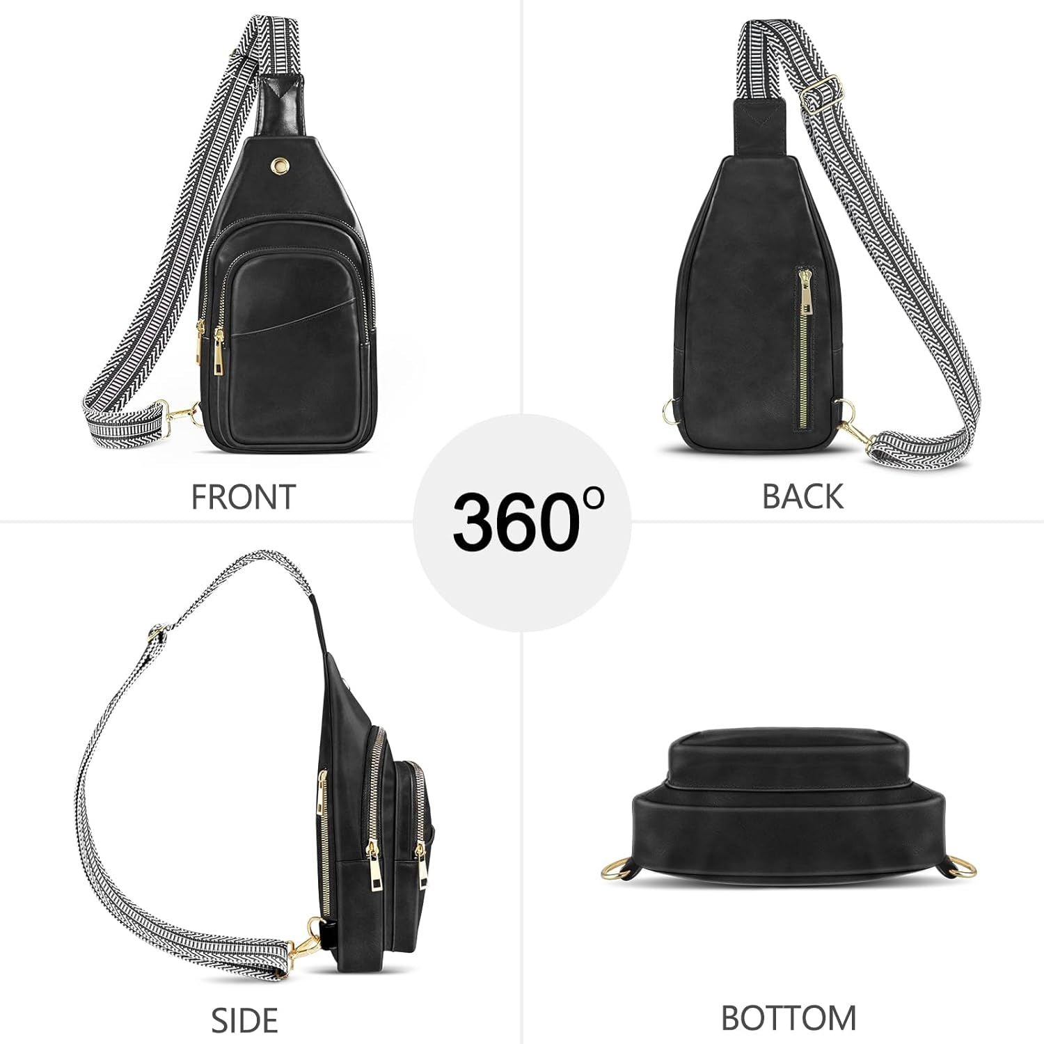 Sling Bag For Women, Leather Fanny Pack With Detachable Strap, Crossbody Chest Bag With Anti Theft For Travel(Black And Brown) - 7DAY'S