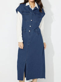 Slit Half Button Collared Neck Cap Sleeve Denim Dress - 7DAY'S