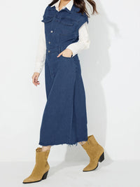 Slit Half Button Collared Neck Cap Sleeve Denim Dress - 7DAY'S