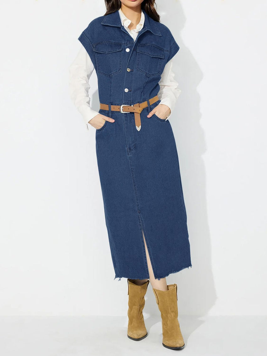 Slit Half Button Collared Neck Cap Sleeve Denim Dress - 7DAY'S