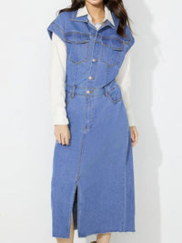 Slit Half Button Collared Neck Cap Sleeve Denim Dress - 7DAY'S