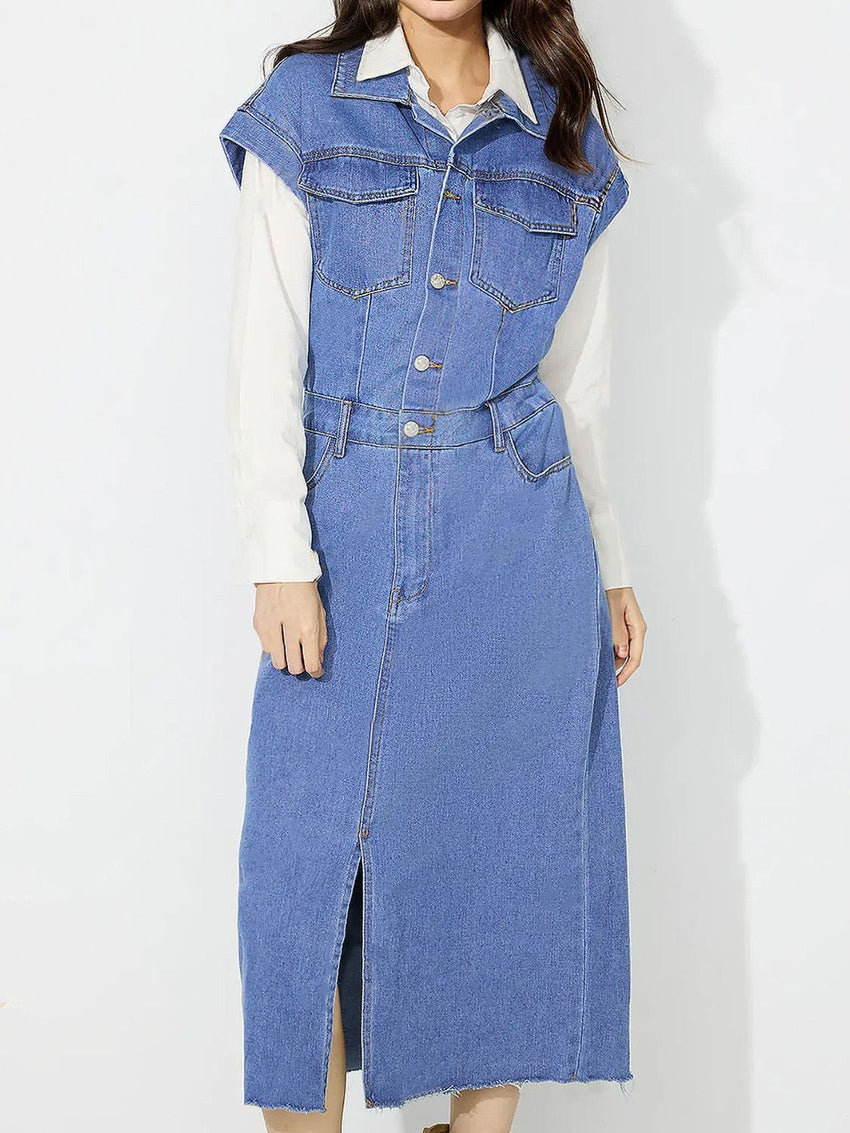 Slit Half Button Collared Neck Cap Sleeve Denim Dress - 7DAY'S