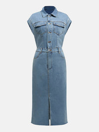 Slit Half Button Collared Neck Cap Sleeve Denim Dress - 7DAY'S