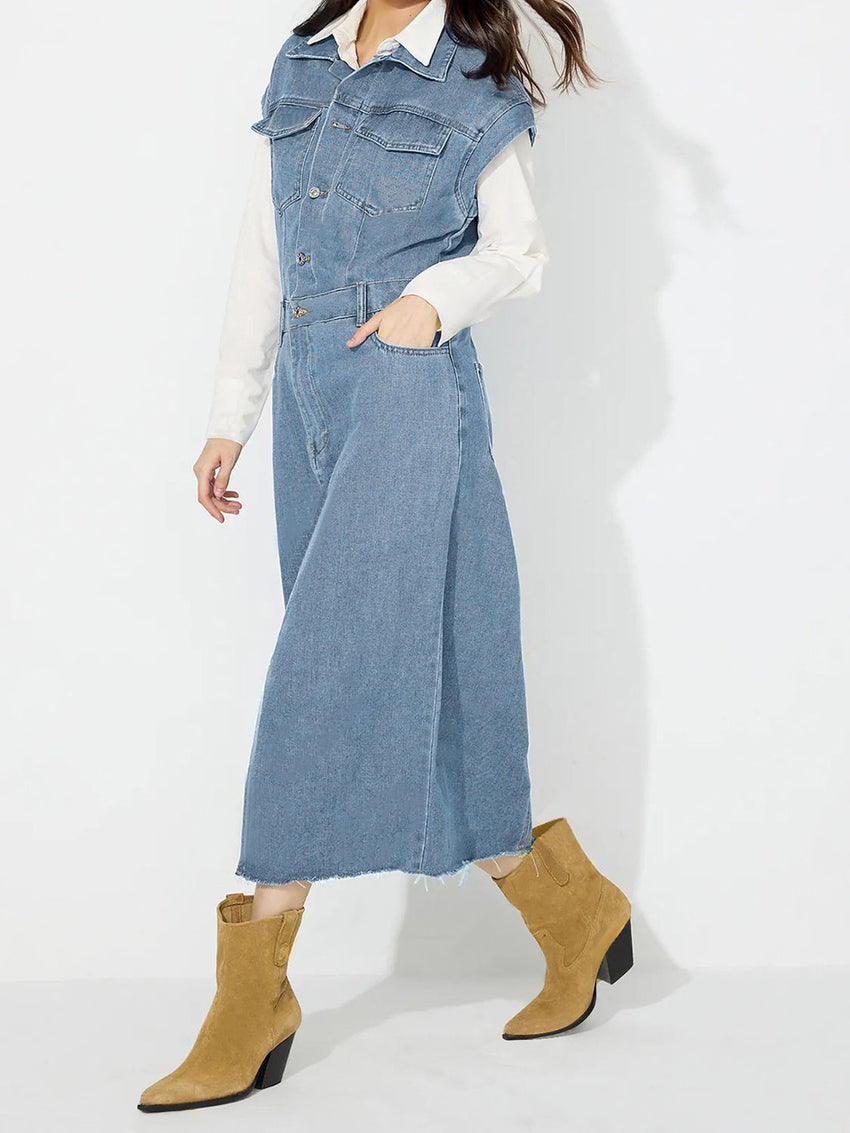 Slit Half Button Collared Neck Cap Sleeve Denim Dress - 7DAY'S