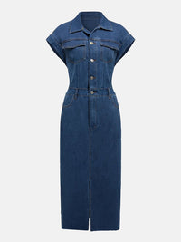 Slit Half Button Collared Neck Cap Sleeve Denim Dress - 7DAY'S