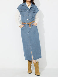 Slit Half Button Collared Neck Cap Sleeve Denim Dress - 7DAY'S