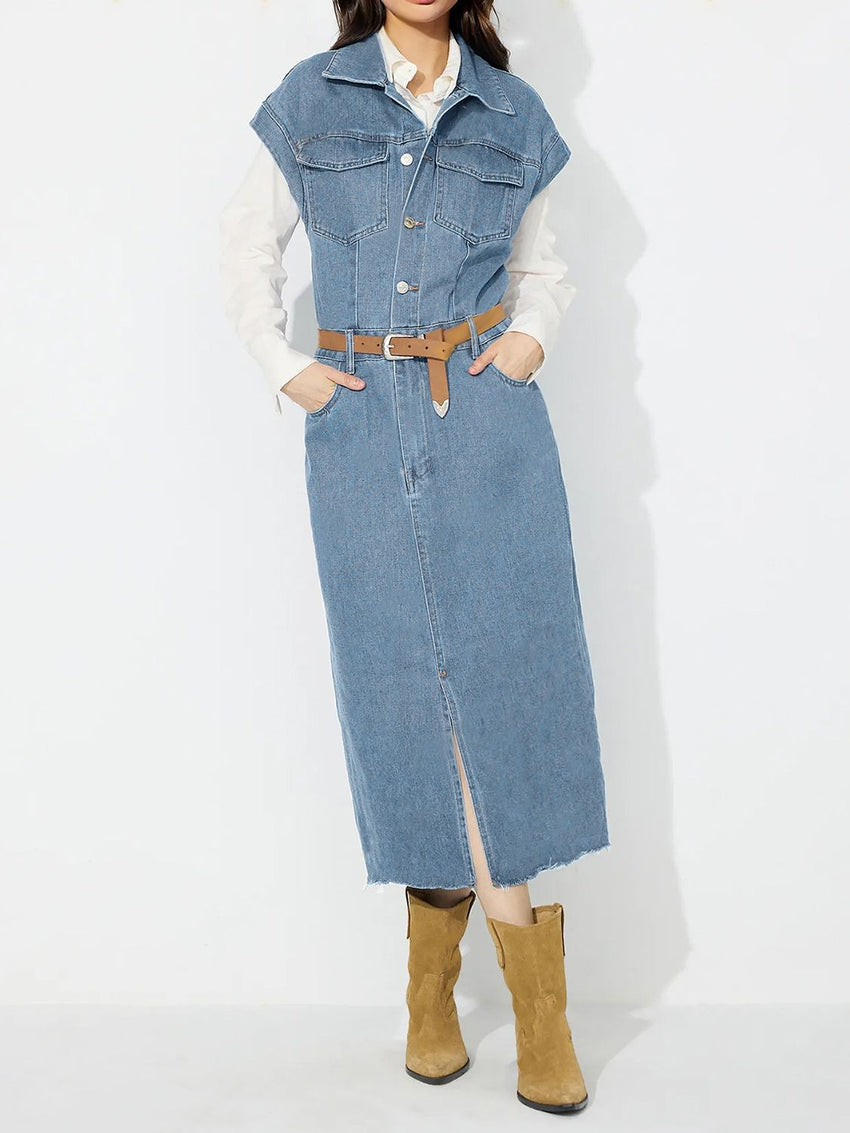 Slit Half Button Collared Neck Cap Sleeve Denim Dress - 7DAY'S