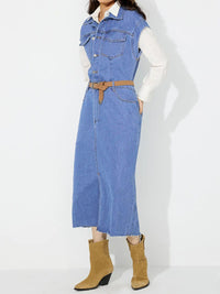 Slit Half Button Collared Neck Cap Sleeve Denim Dress - 7DAY'S